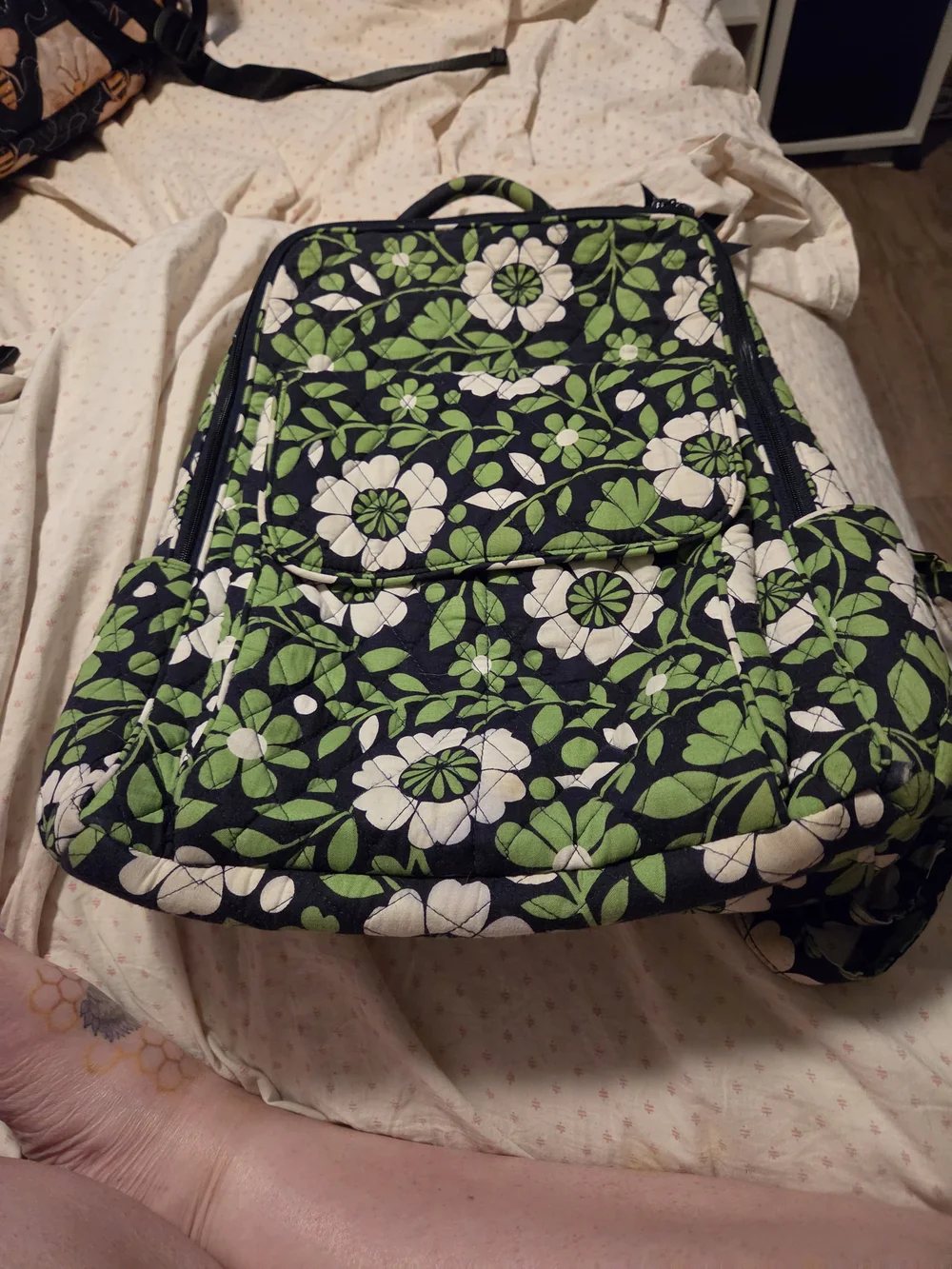 Vera Bradley Black Quilted Backpack with White & Green Floral Print